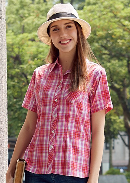 DA-2370 女彈性快乾格子襯衫(短袖)