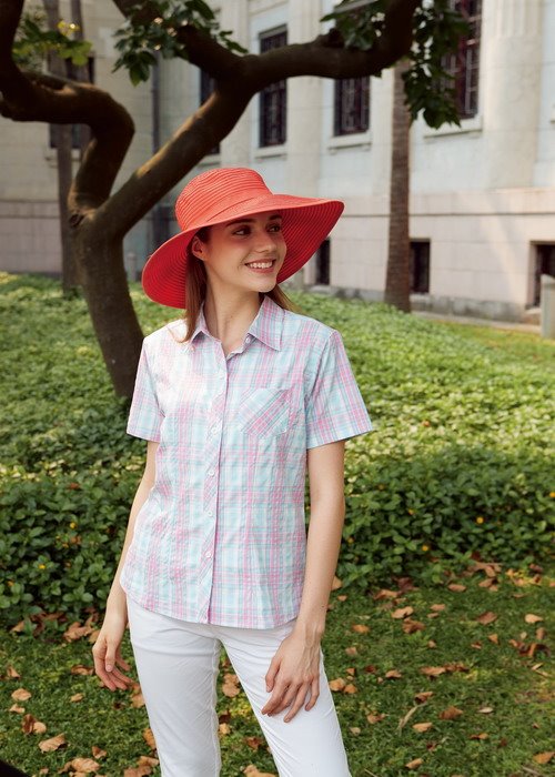 DA-2371 女彈性快乾格子襯衫(短袖)